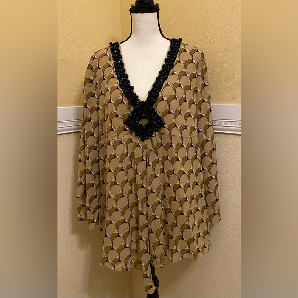DG2 Tunic; Large; Colors of Cream, Brown, Olive Green adorn w/ Black Beads; NWOT